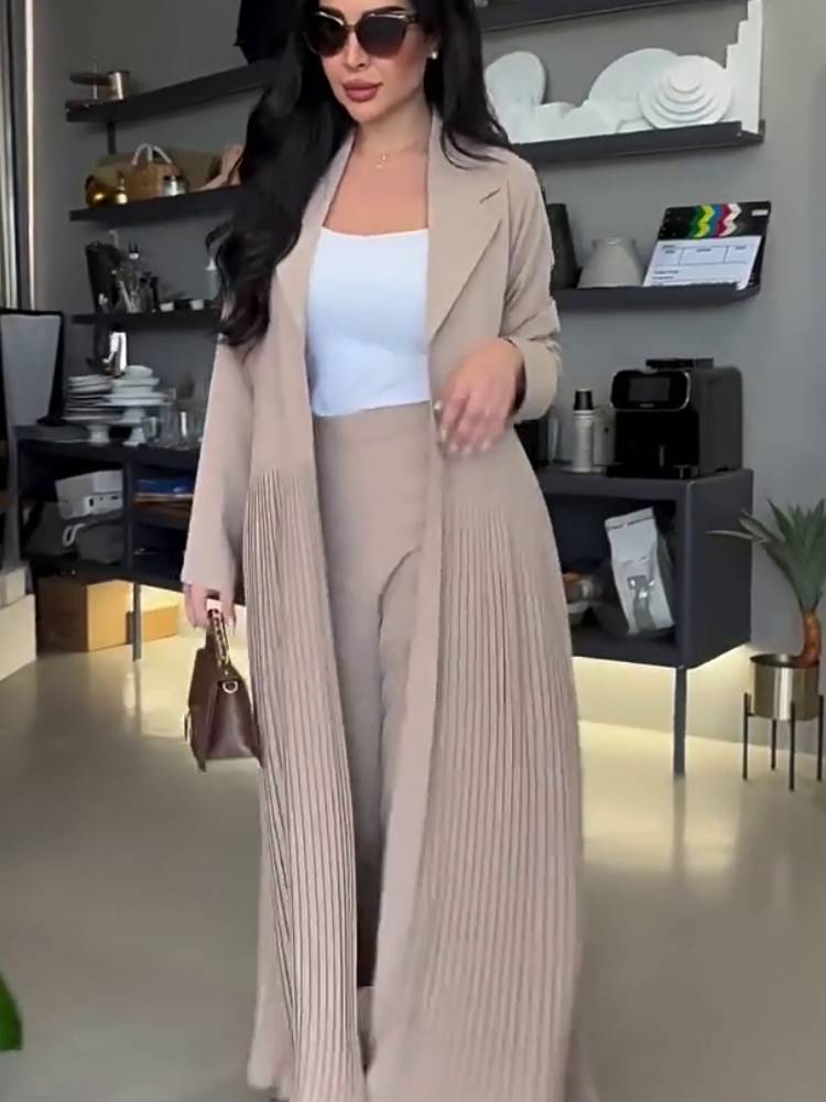 Lapel Pleated Casual Long Coat Trousers Suit