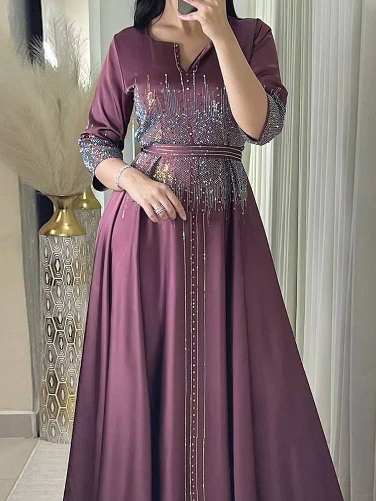 Casual Satin Rhinestones Maxi Dress Kaftan(WithBelt)