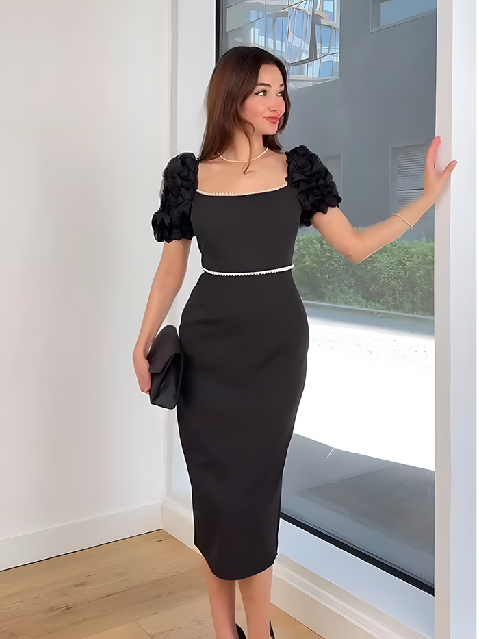 Elegant Square Neck Pearl Puff Sleeve Midi Dress