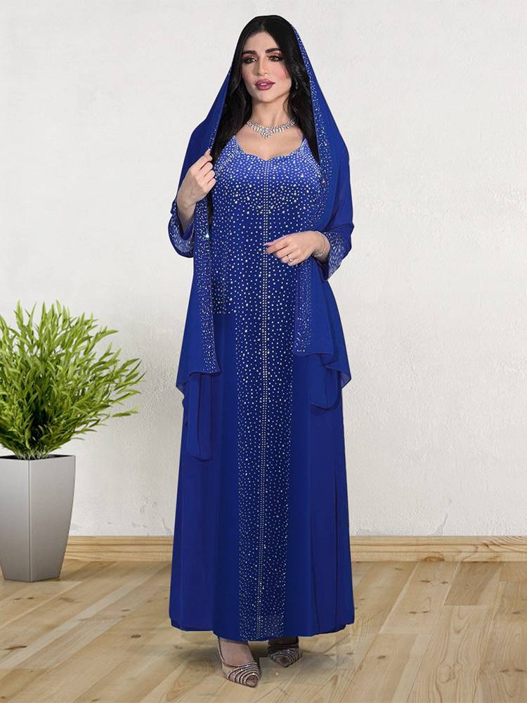 Arab Hot Diamond Chiffon Robe Evening Glistening Dress Jalabiya Dress