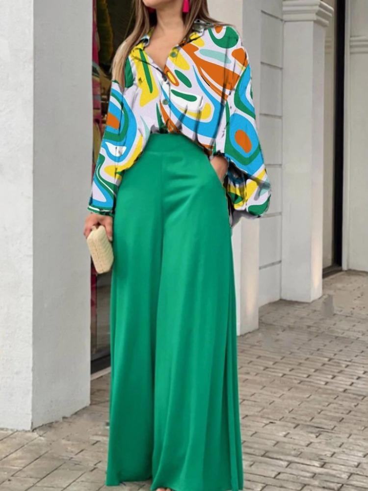 Printed Shirt Top Wide Leg Pants Two-Piece Set