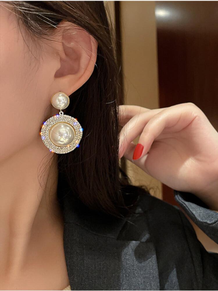 Large Round Artificial Pearl Rhinestones Circle Earrings