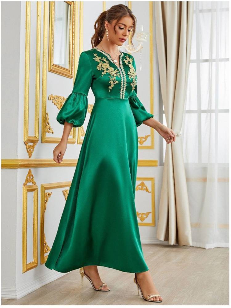 Embroidered V-neck Puff Sleeve Satin A Pendulum Dress