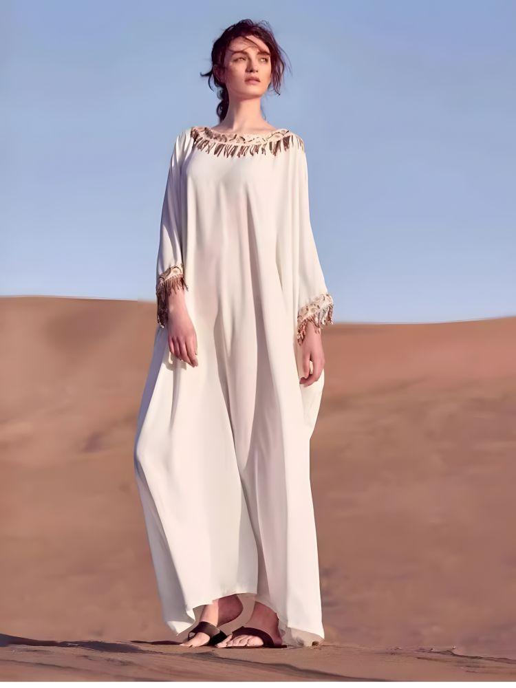 Tassel Bead Embroidered Round Neck Loose Elegant Dress Kaftan