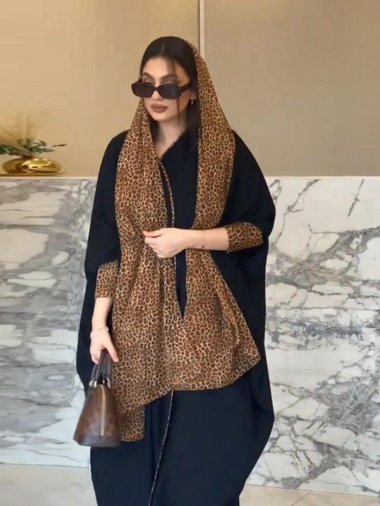 Cardigan Leopard Pattern Chiffon Headband Abaya