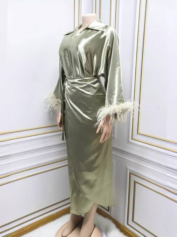 Feather Lapel Top Wrap Skirt Solid Satin Suit