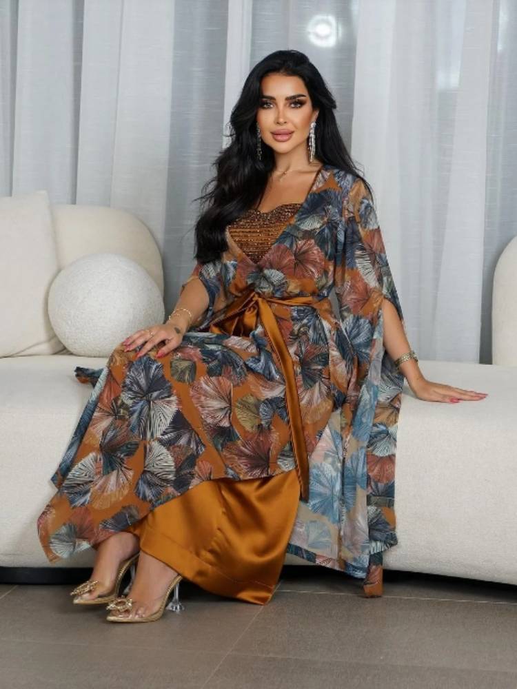 Gorgeous Print Chiffon Beaded Jalabiya Two-Piece Set with Belt