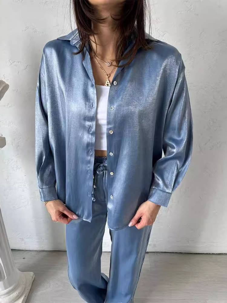 Casual Suit Shiny Silk Large Profile Shirt High Waist Wide Legs