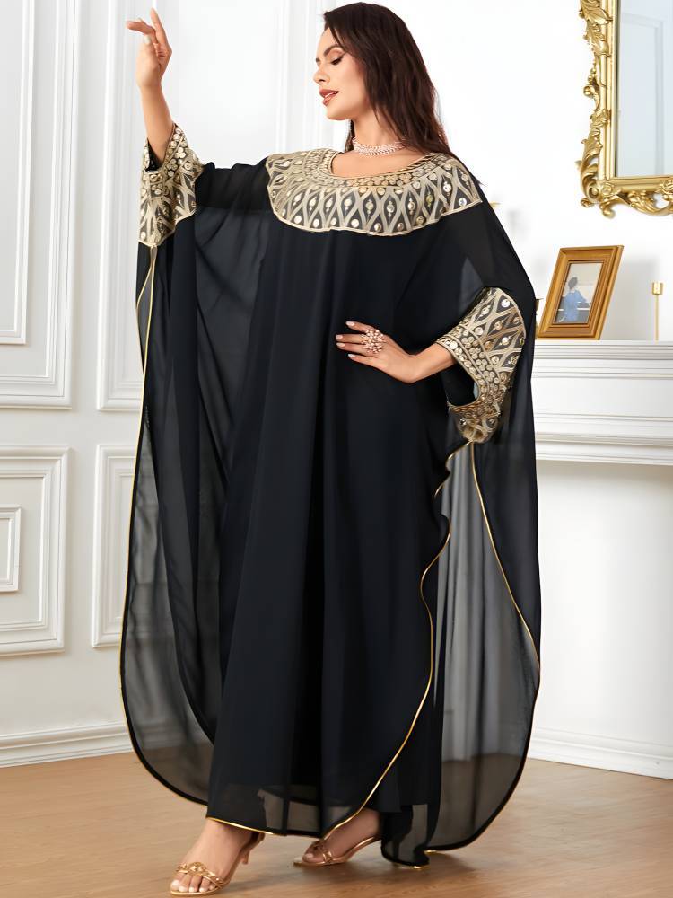 Bat Sleeve Chiffon Bronzing Embroidery Dress Kaftan