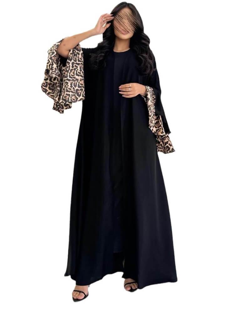 Leopard-Print Splice-Sleeve Cardigan Abaya