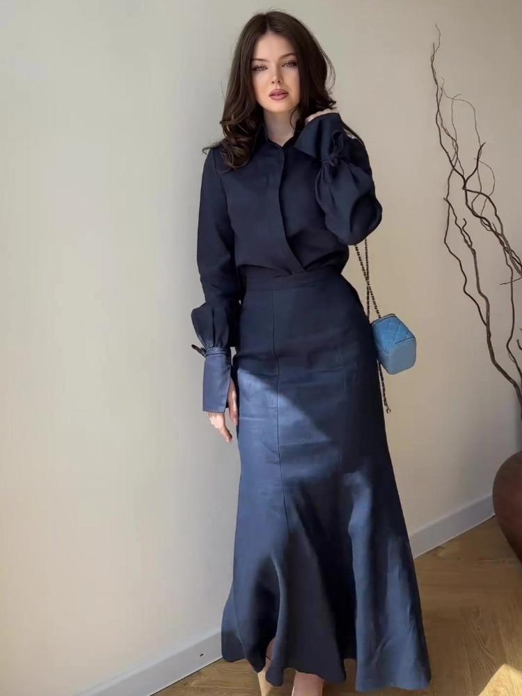 Elegant Lapel-breasted Shirt Fishtail Overskirt Suit