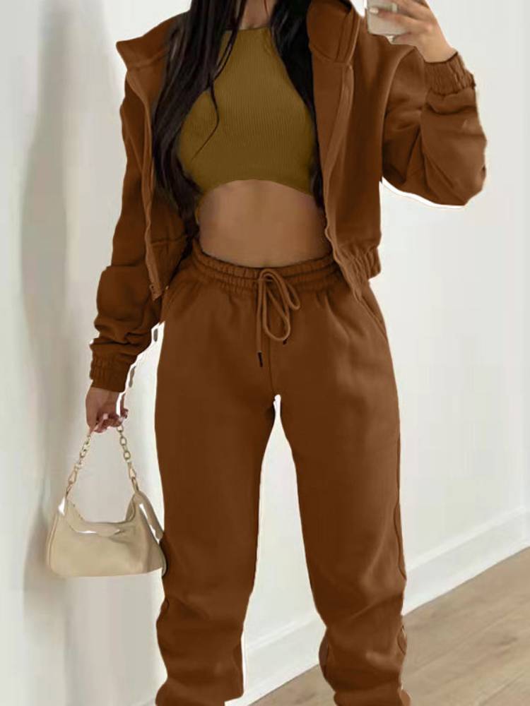 Vest Sweater Hooded Drawstring Trousers Three-Piece Set