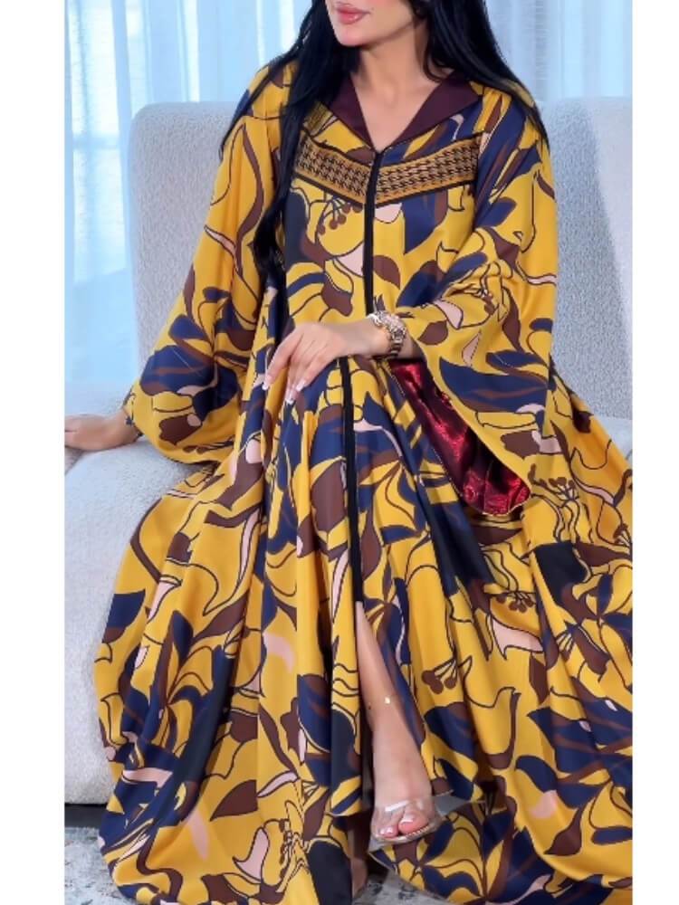 Printed Stitching Collar Lapel Ribbon Large Pendulum Dress Kaftan