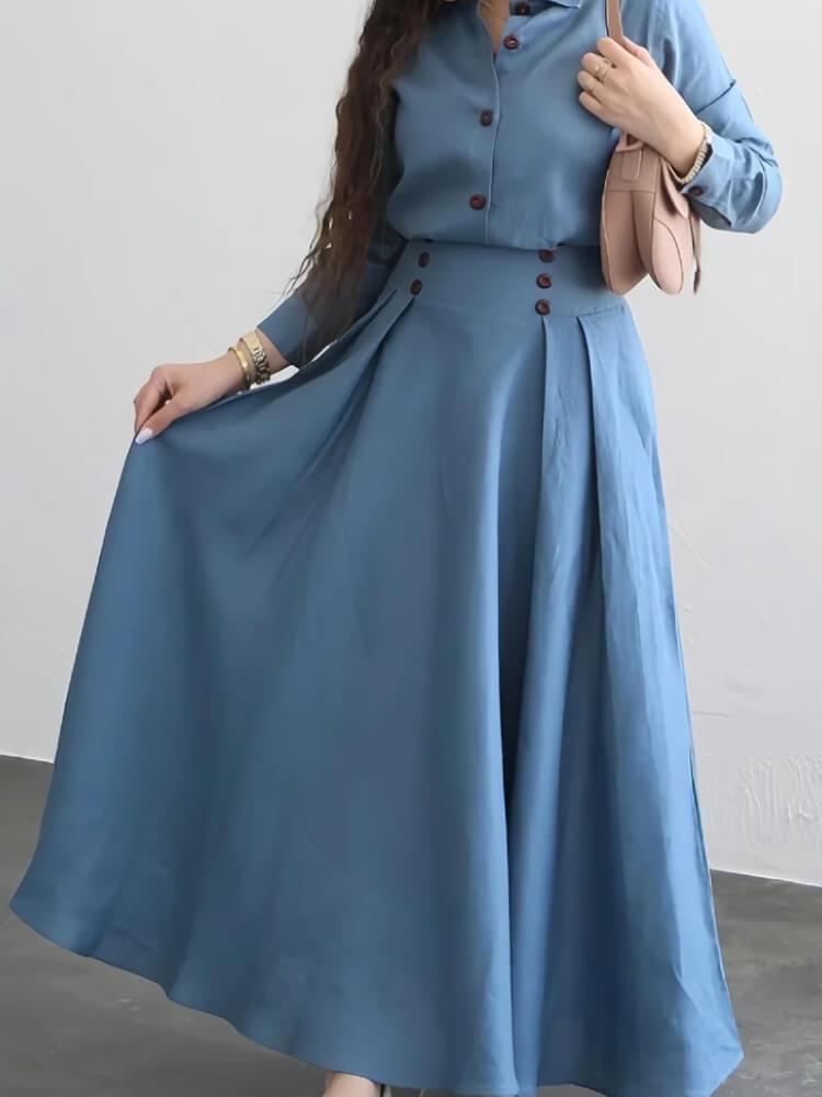 Lapel-breasted Shirt Double-breasted A- Hem Overskirt Blue Two-piece Set