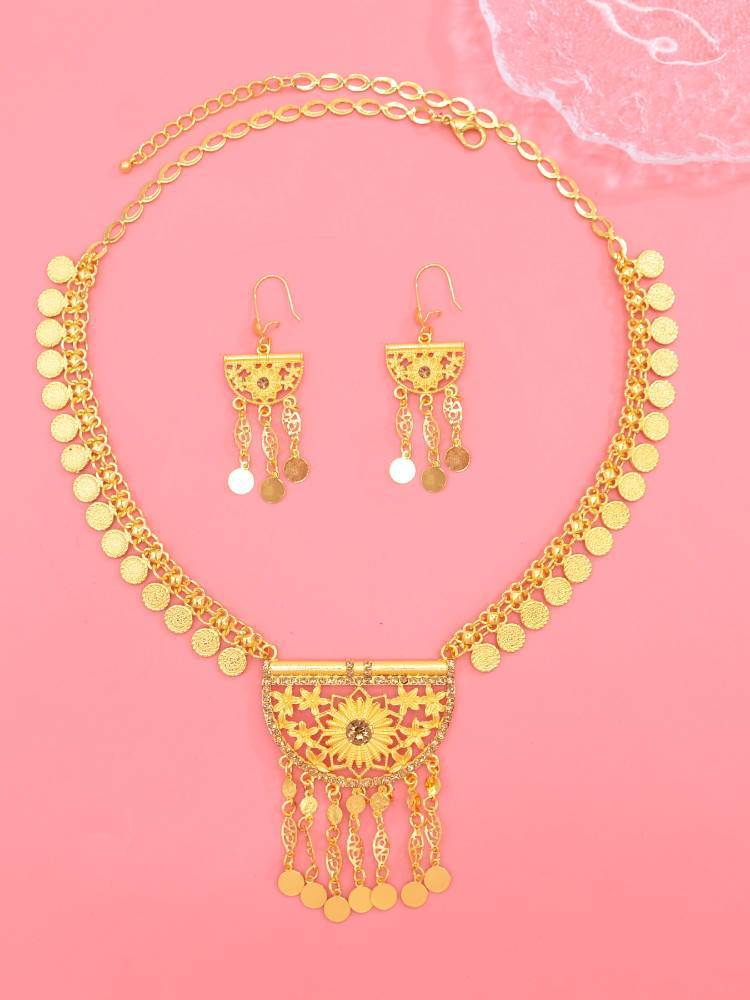 Golden Hollow Rhinestone Coin Tassel Necklace Earrings Suit