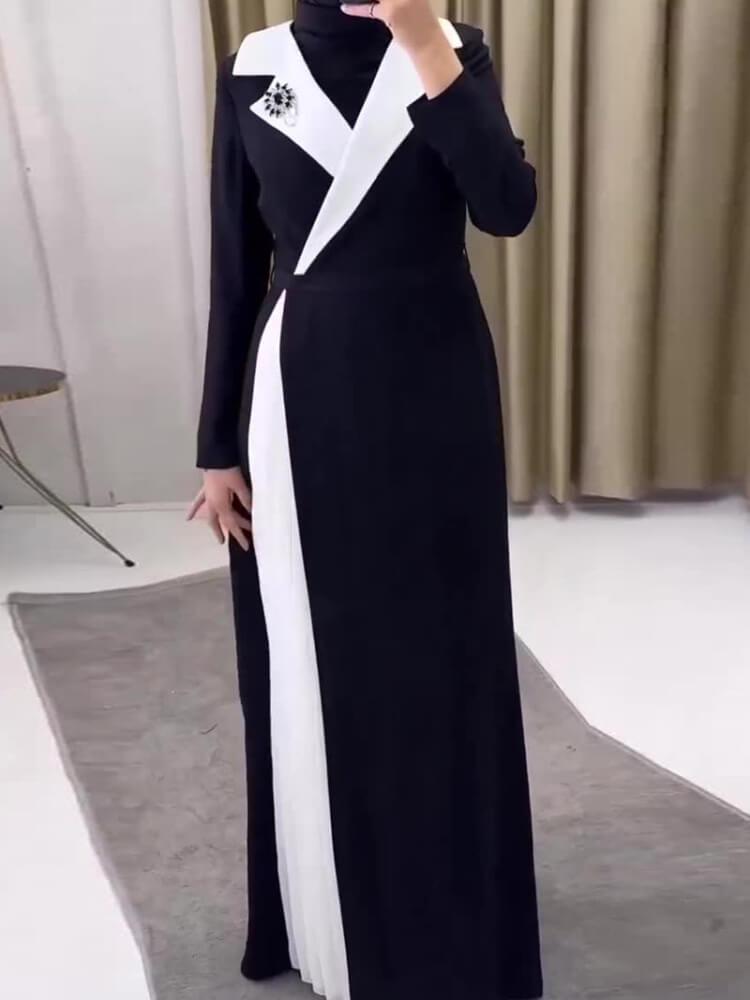 Women's Long Sleeve Dress Contrast Stitching Pleated Robe Dress