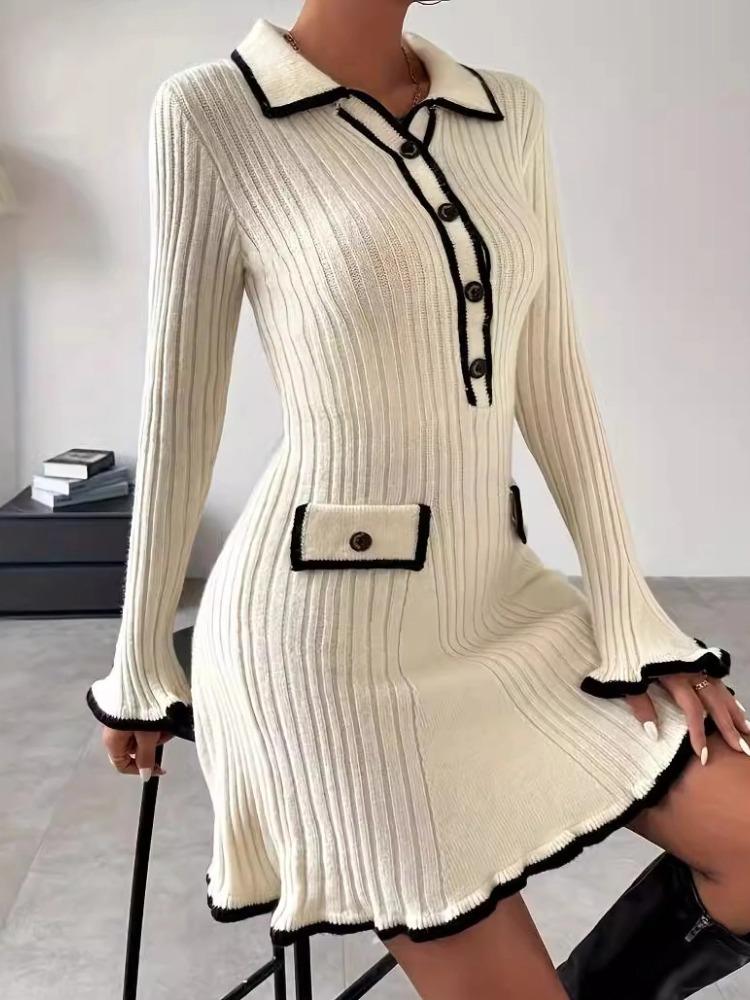 Contrast Color Chanel Elegant Slim-Fit Knitted Lap Dress