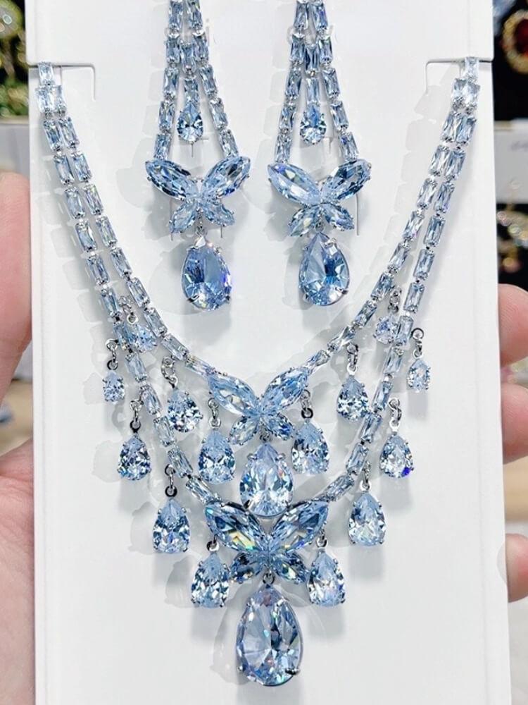 Double Layer Butterfly Rhinestone Necklace Earrings Suit