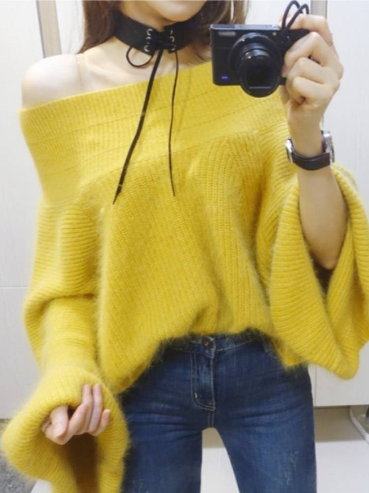 Loose Minimalist Off-Collar Mink Sweater