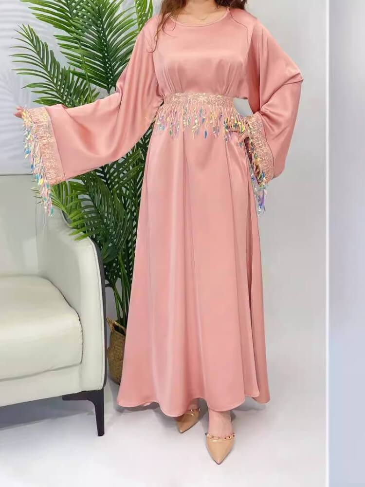 Sequined Tassel Robe Round Neck Long Sleeve Dress