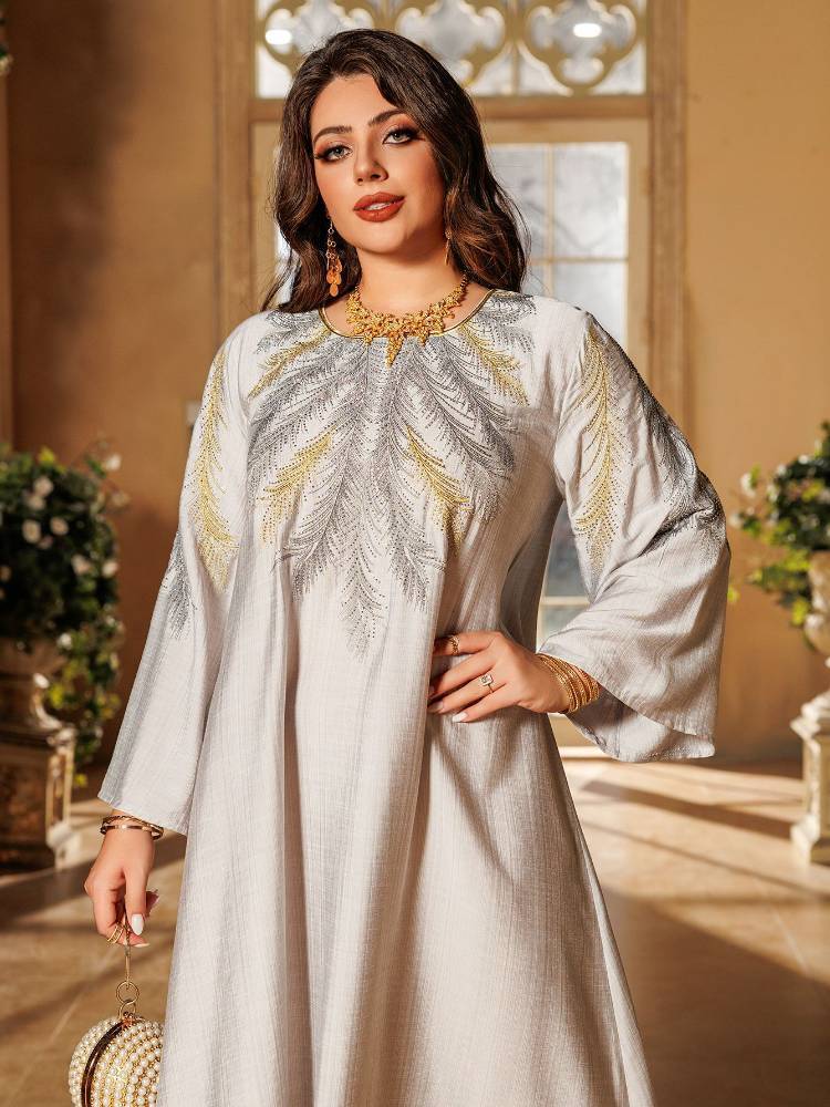 Embroidery Rhinestone Round Neck Large Pendulum Dress Kaftan