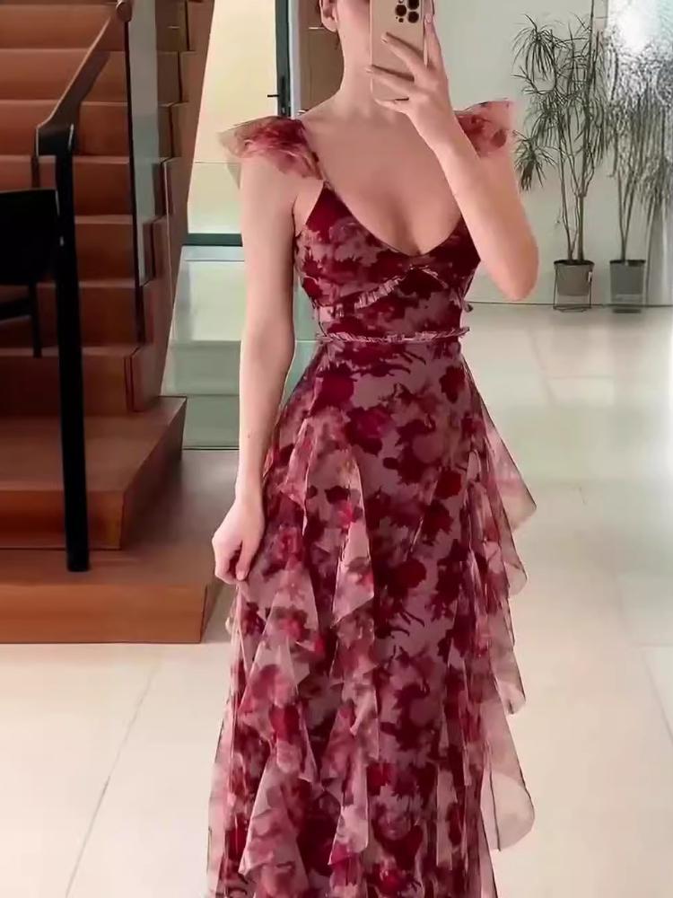 Floral Printed V-Neck Ruffled Evening Dress