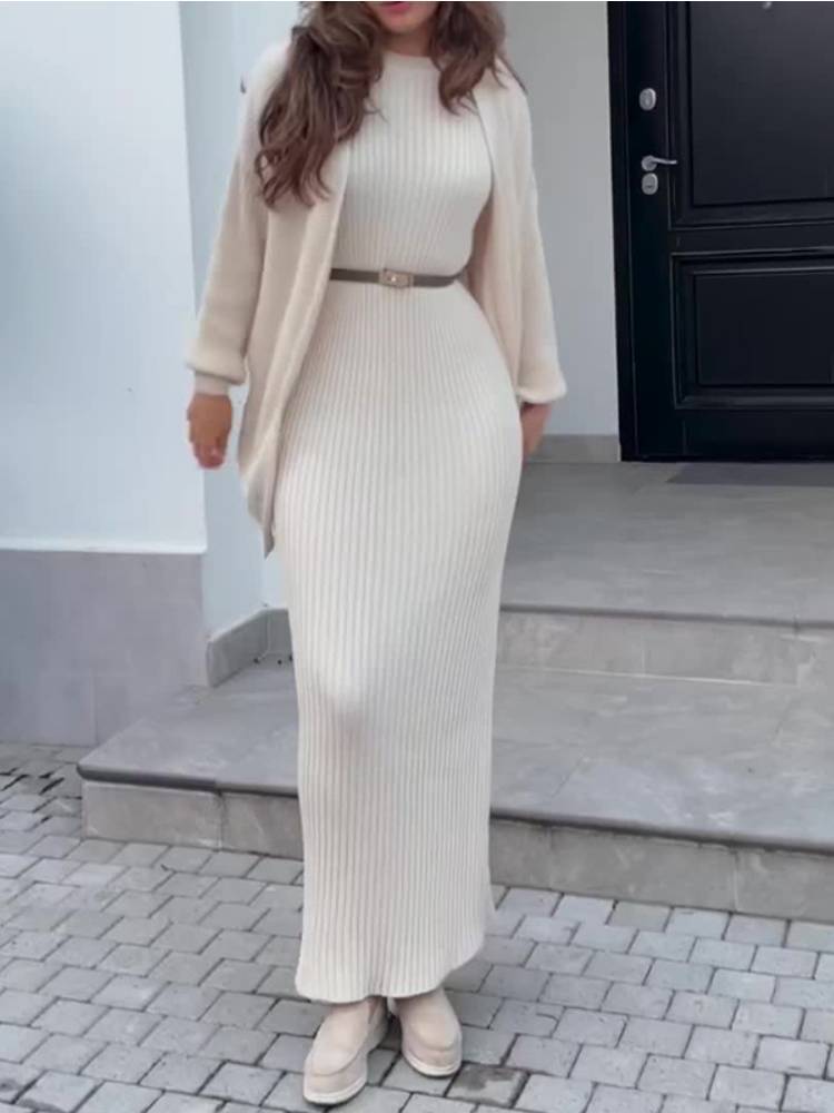 Crewneck Solid Color Sweater Dress Suit