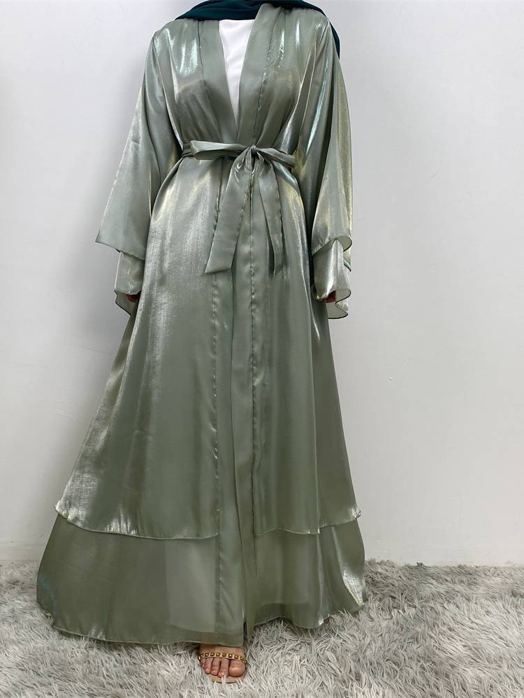 Shiny Satin Double Belt Cardigan Abaya