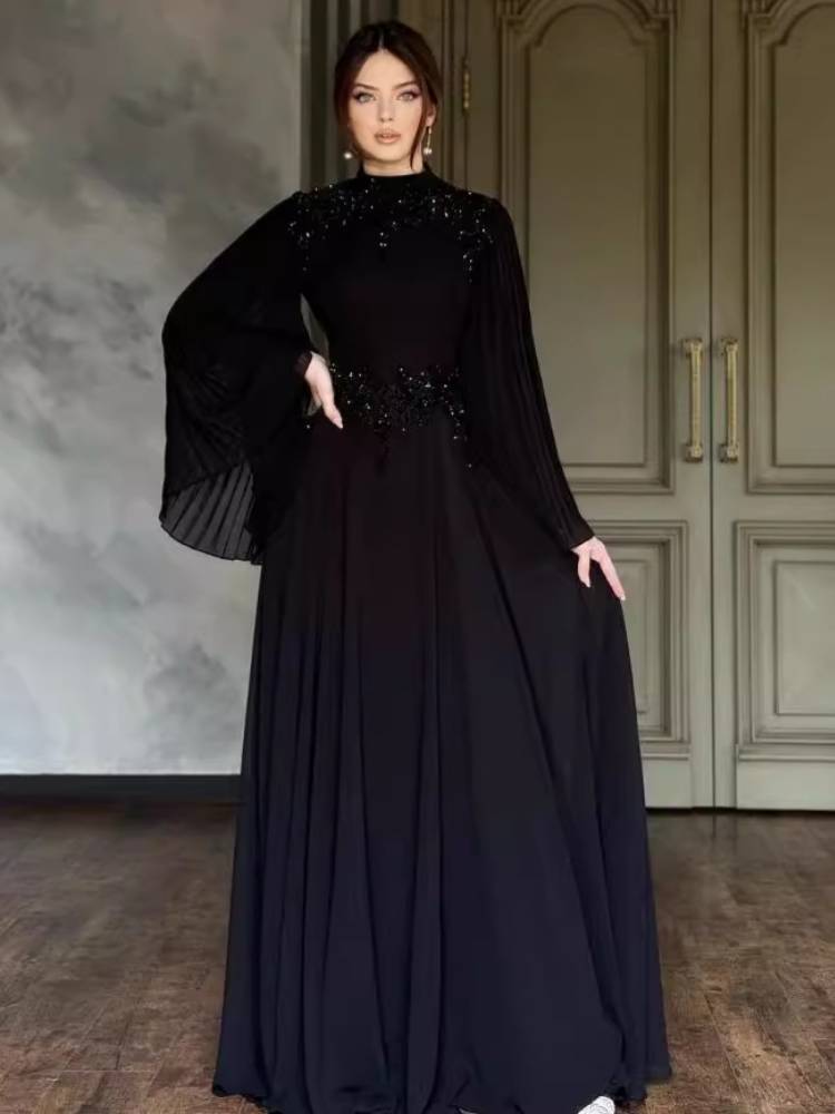 Rhinestone Pleated Long Sleeve Elegant Dress