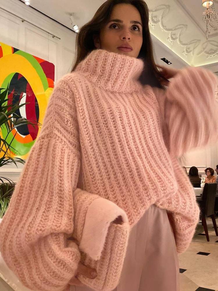 Knitted Pullover Puff Sleeve Turtleneck Sweater