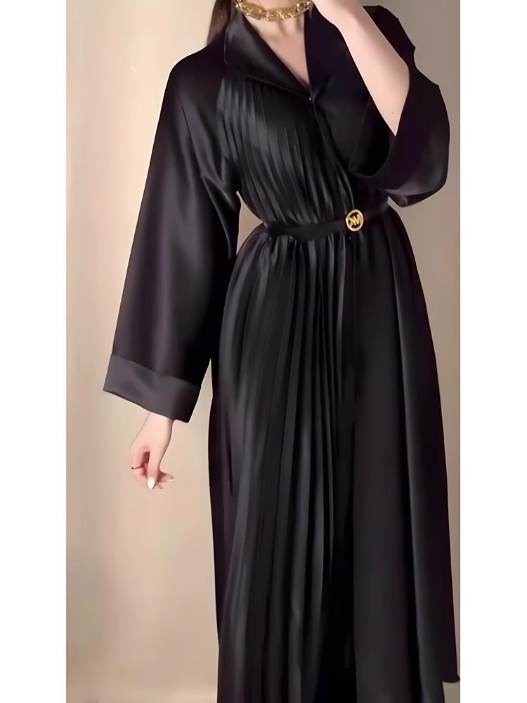 Dress Collar Pleated Belt Satin Asymmetrical Dress