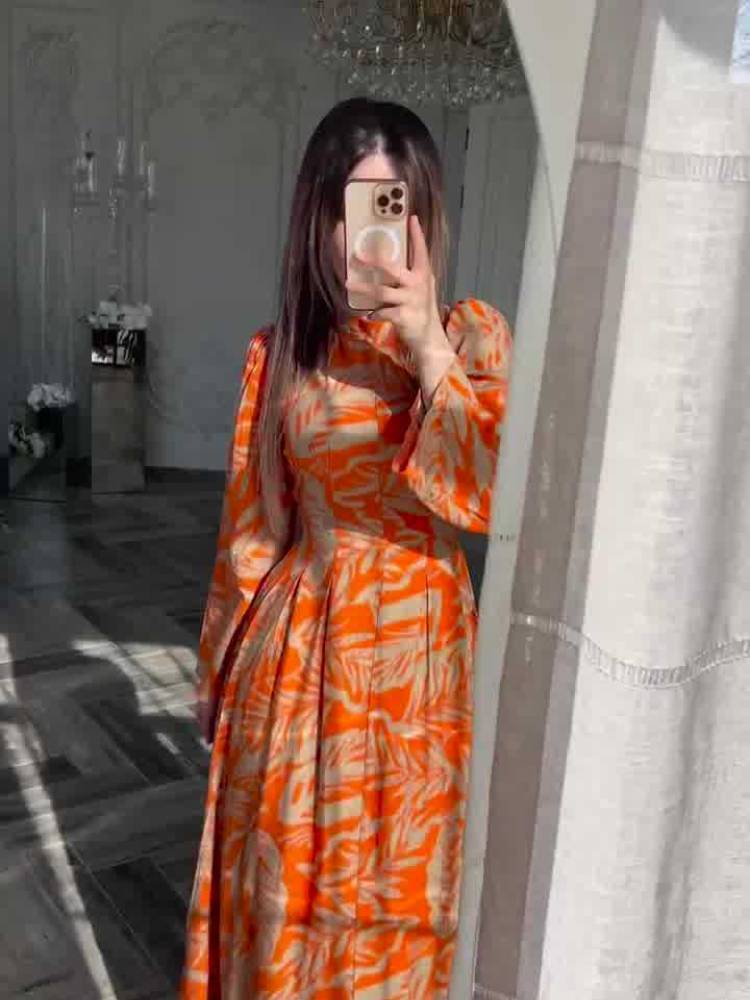 Spring New Print Waist Slimming Exotic Style Long Sleeve Long Dress