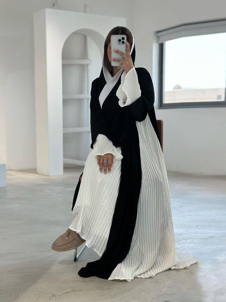 Pleated Contrast Cardigan Abaya Coat