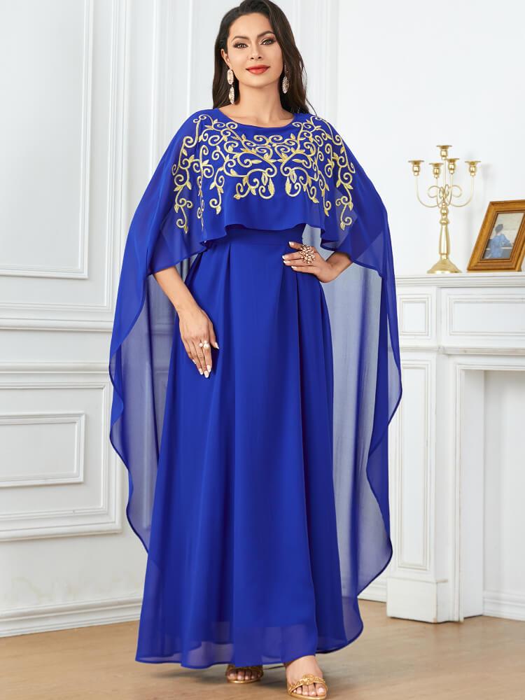 Elegant Embroidered Chiffon Crew Neck Shawl Dress