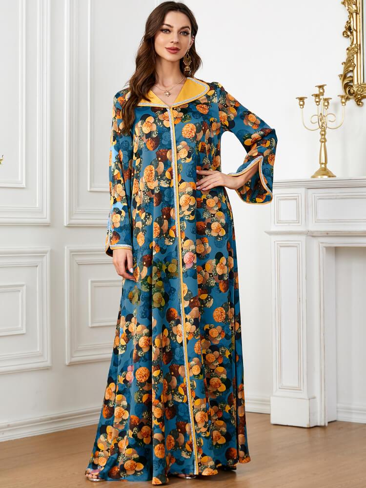 Printed Lapel Slit Sleeve Loose Dress Kaftan