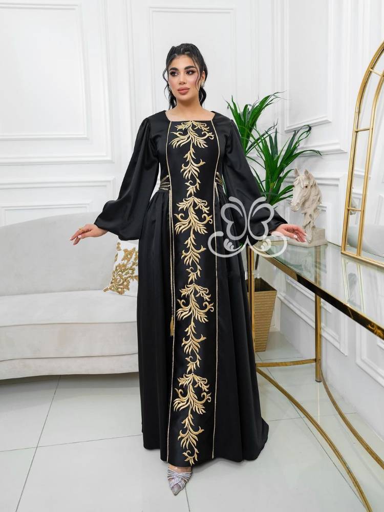 Embroidered Drawstring Square Collar Belt A Pendulum Dress Jalabiya