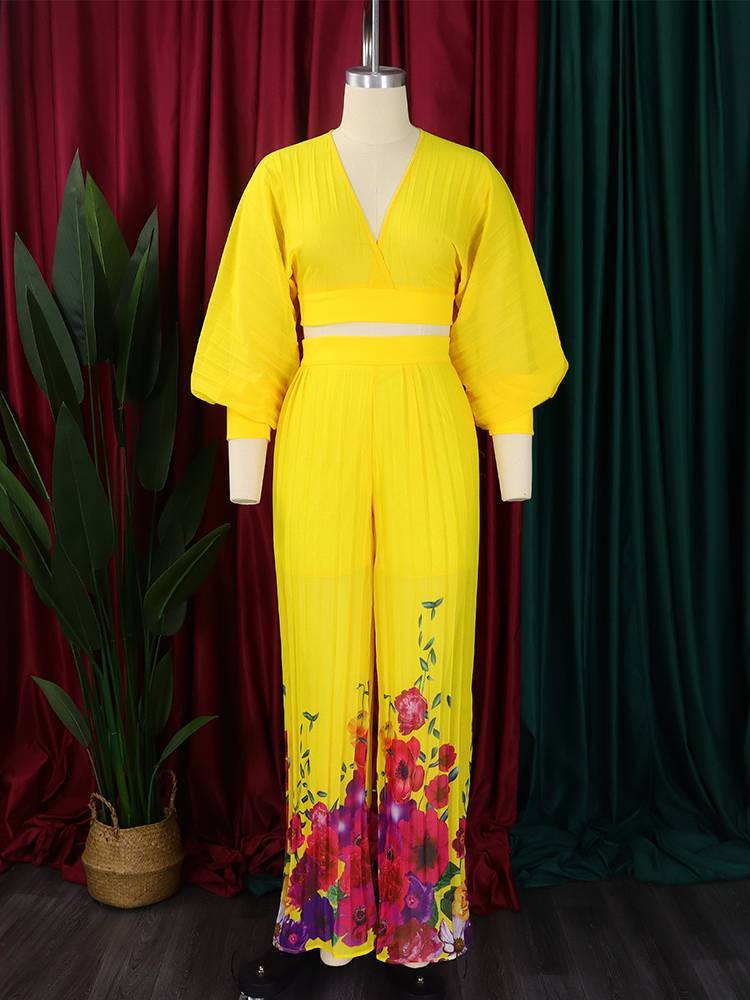 Chiffon Short Lantern Sleeve Pleated Wide Leg Pants Suit