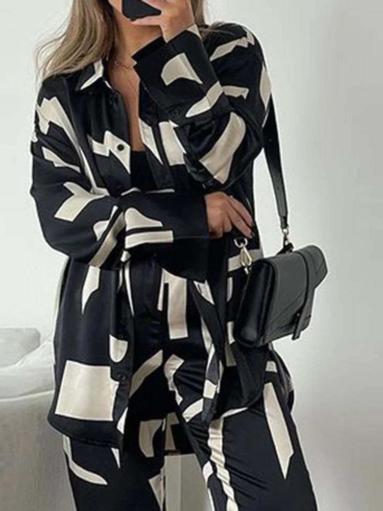 Contrast Geometric Print Shirt Trousers Suit