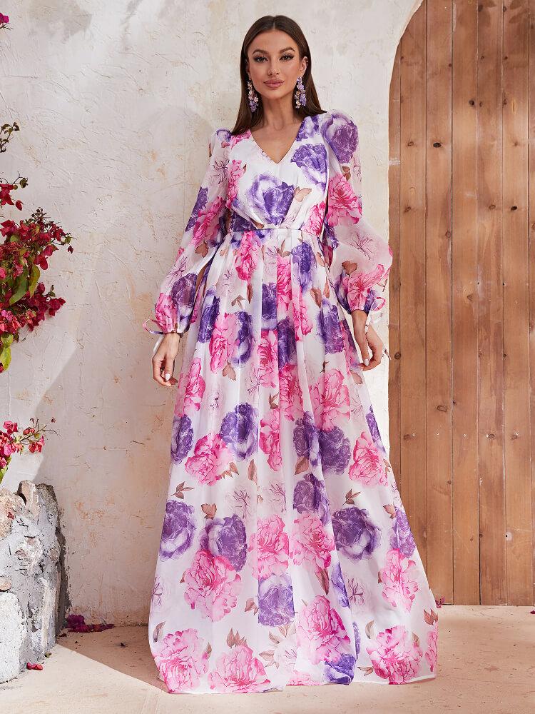 Chiffon V-neck Printed Bubble Sleeve Long Sleeve Dress