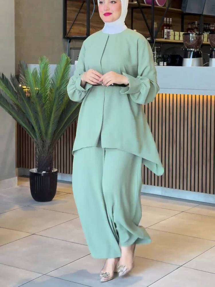 Casual Waist Bat Top Long-Sleeved Wide-Leg Pants Solid Color Suit