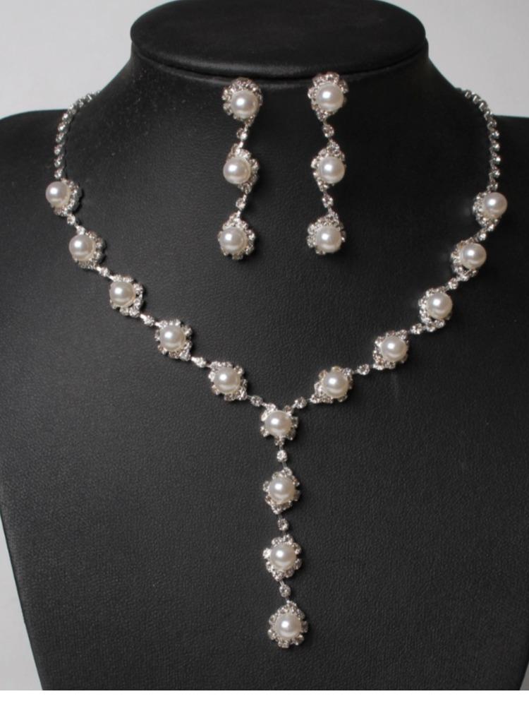 Pearl Rhinestone Earrings Necklace Jewelry Suit