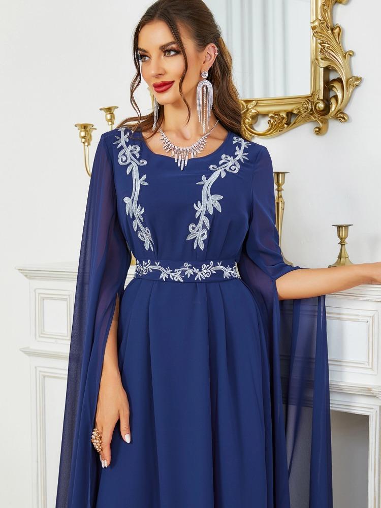 Solid Color Chiffon Embroidered U-Neck Belt Dress